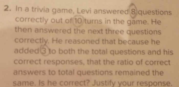 In a trivia game levi answers 8 questions